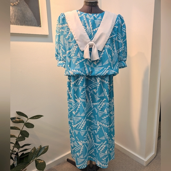 1980s abstract dress sz 14 J.B. TOO vintage removable collar sailor bow - Picture 1 of 9
